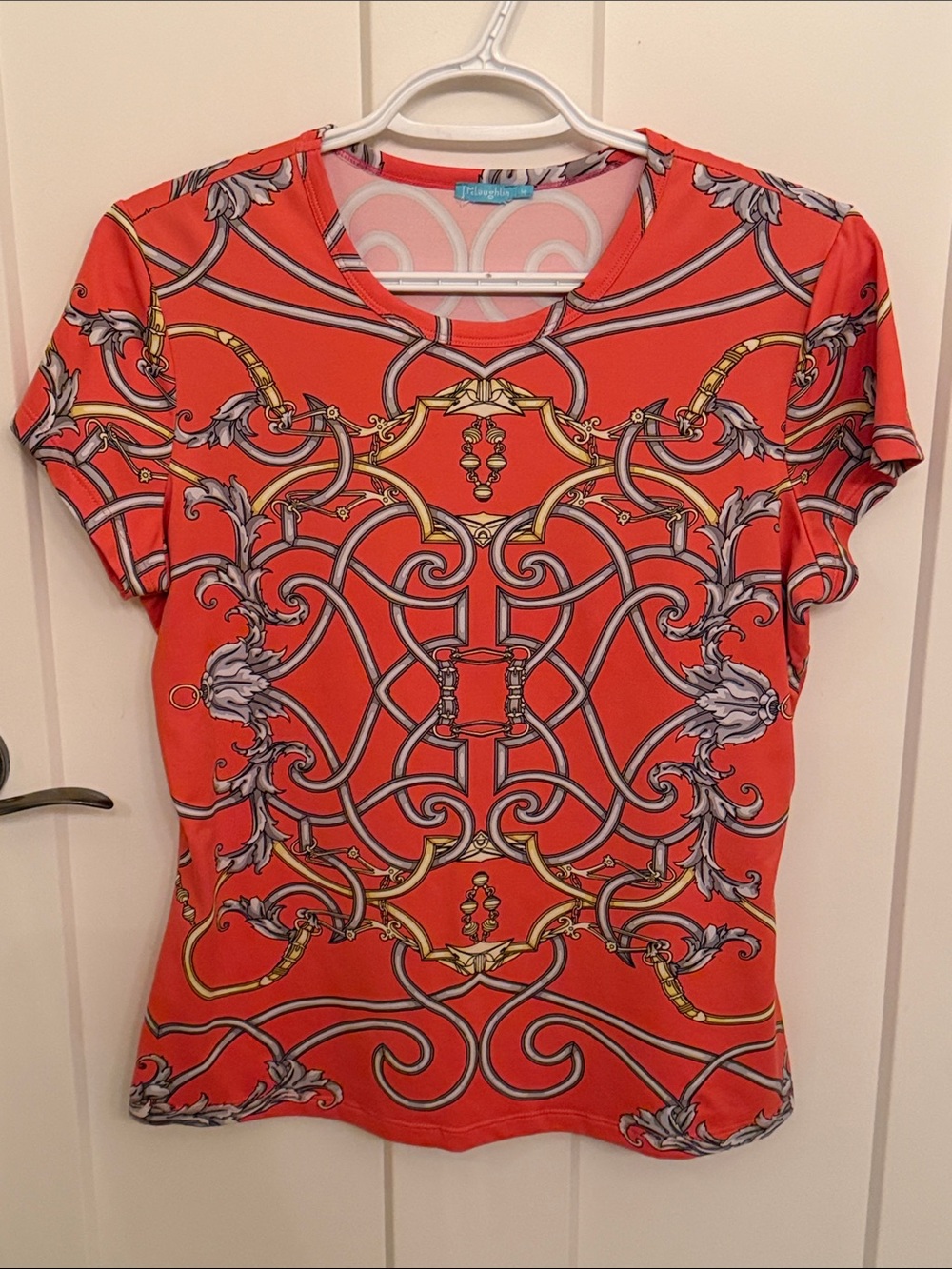 J. McLaughlin Versace-Inspired Short Sleeve Orange Tee with Baroque Chain Motif